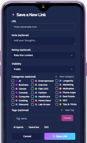 Save a New Link modal with categories, rating, and visibility