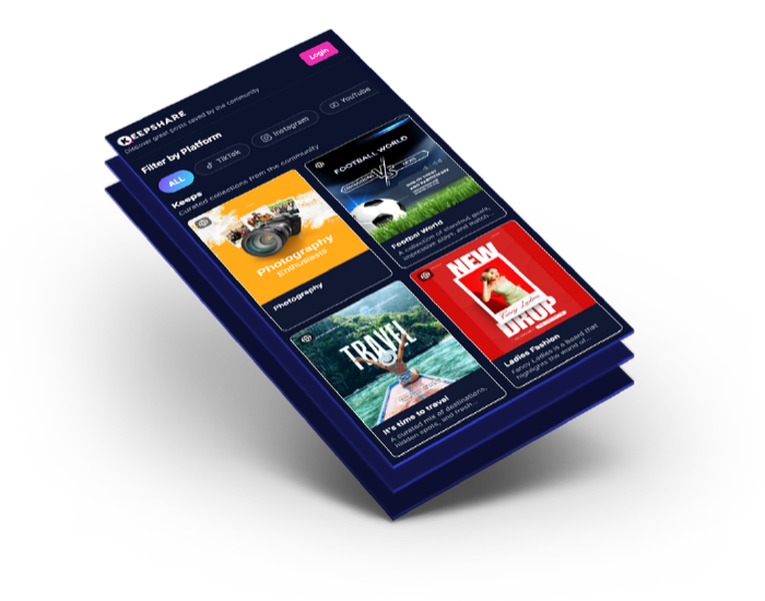KeepShare app showing curated topic spaces